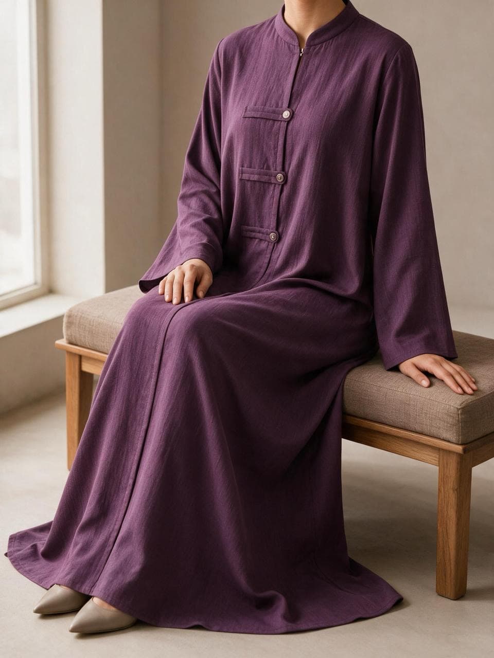 Düğme Detaylı Cupro Abaya Mor — Safiya abaya